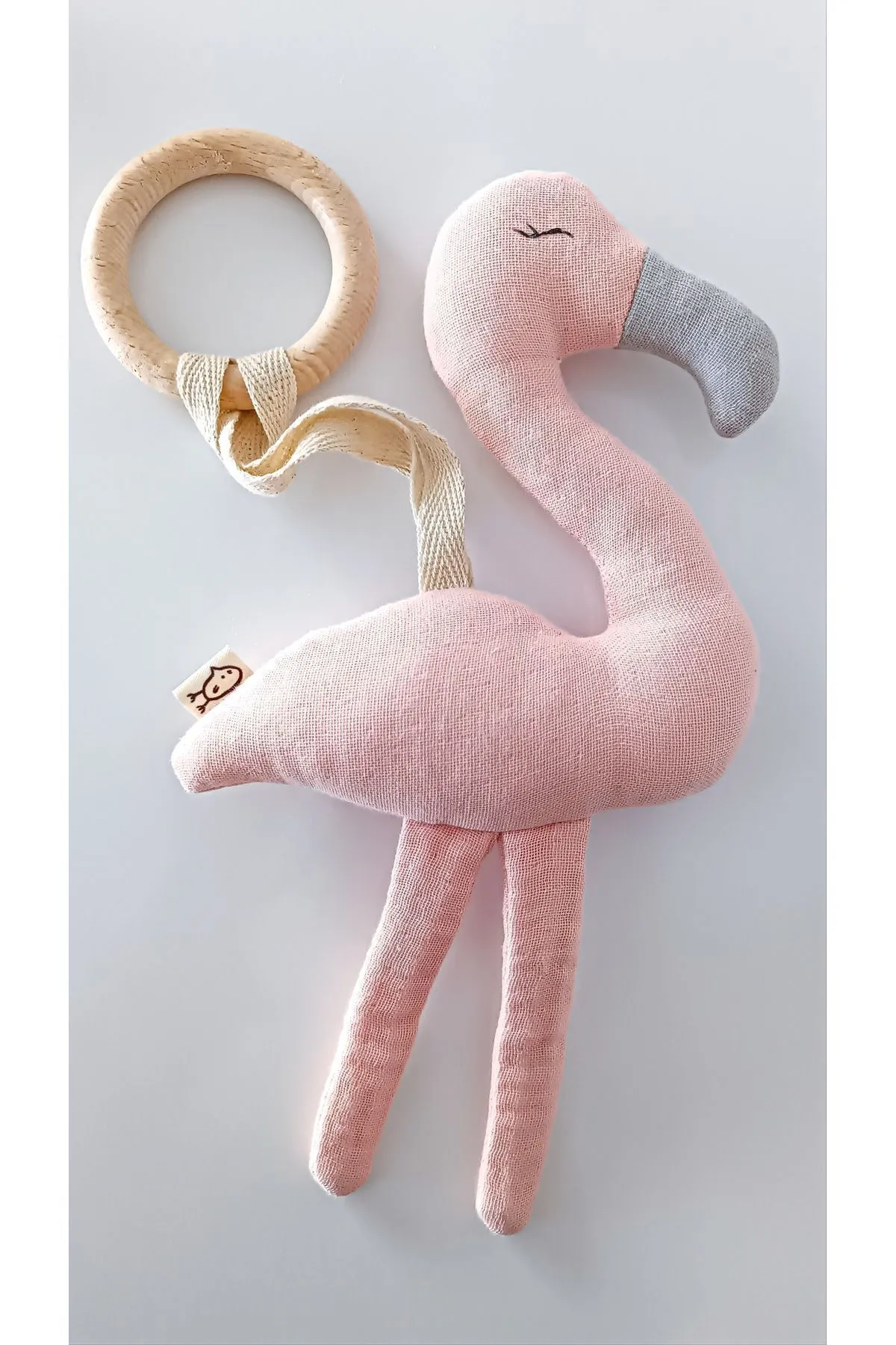 Flamingo Müslin Oyuncaklı Doğal Ahşap Diş Kaşıyıcı / Bebek Odası Dekor