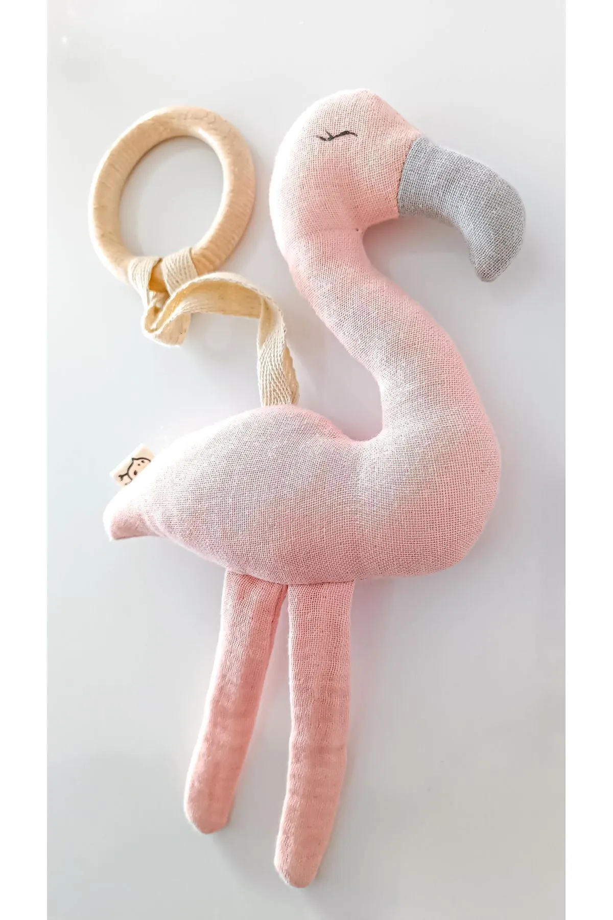 Flamingo Müslin Oyuncaklı Doğal Ahşap Diş Kaşıyıcı / Bebek Odası Dekor