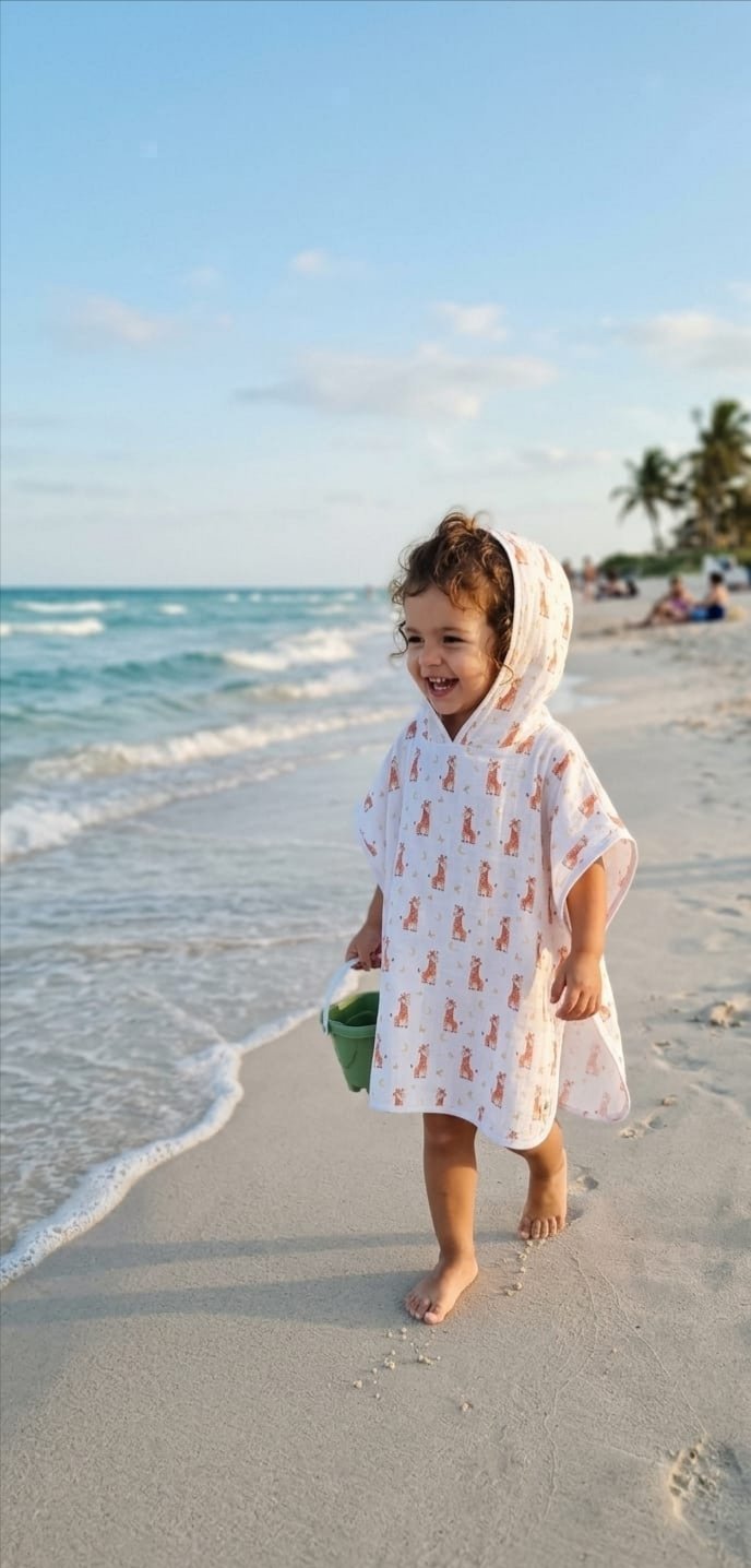 %100 Pamuklu Çift Katlı Organik Bebek Müslin Panço Zürafa Desenli / Havlu / Bornoz / Deniz