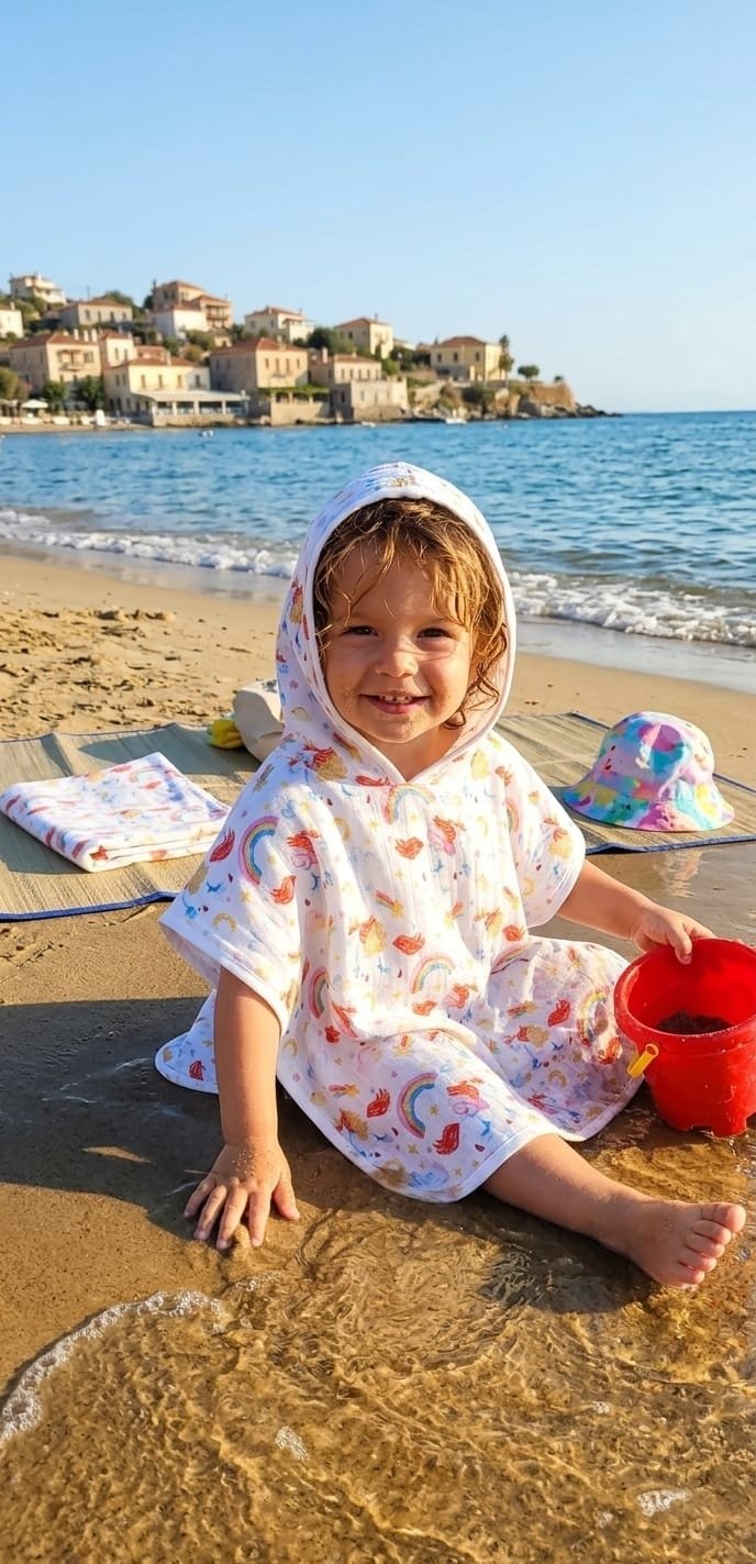 %100 Pamuklu Çift Katlı Organik Bebek Müslin Panço Unicorn Desenli / Havlu / Bornoz / Deniz