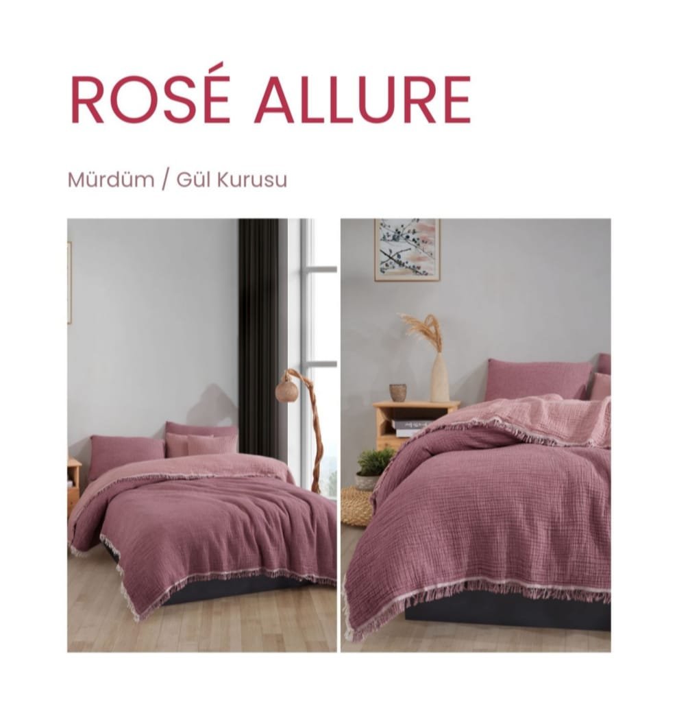 Gül Kurusu Çift Taraflı %100 Pamuklu 4 Katlı Müslin Çift Kişilik Yatak Örtüsü 220x230 cm