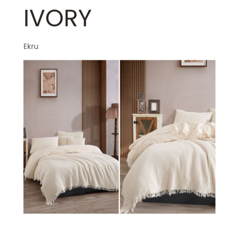 Ekru Çift Taraflı %100 Pamuklu 4 Katlı Müslin Çift Kişilik Yatak Örtüsü 220x230 cm
