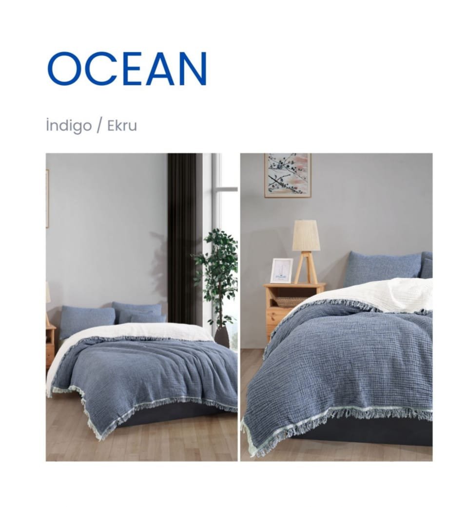 İndigo Çift Taraflı %100 Pamuklu 4 Katlı Müslin Çift Kişilik Yatak Örtüsü 220x230 cm