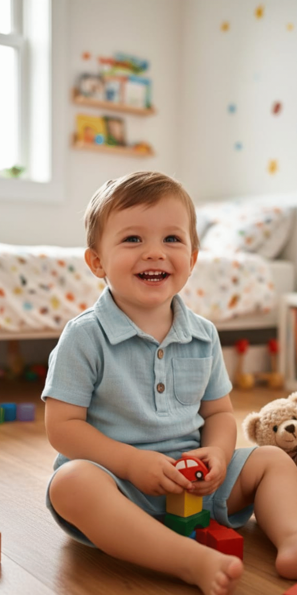 Erkek Bebek / Çocuk %100 Pamuklu Çift Katlı Müslin Mavi T-shirt/Şort 2 ‘li Takım