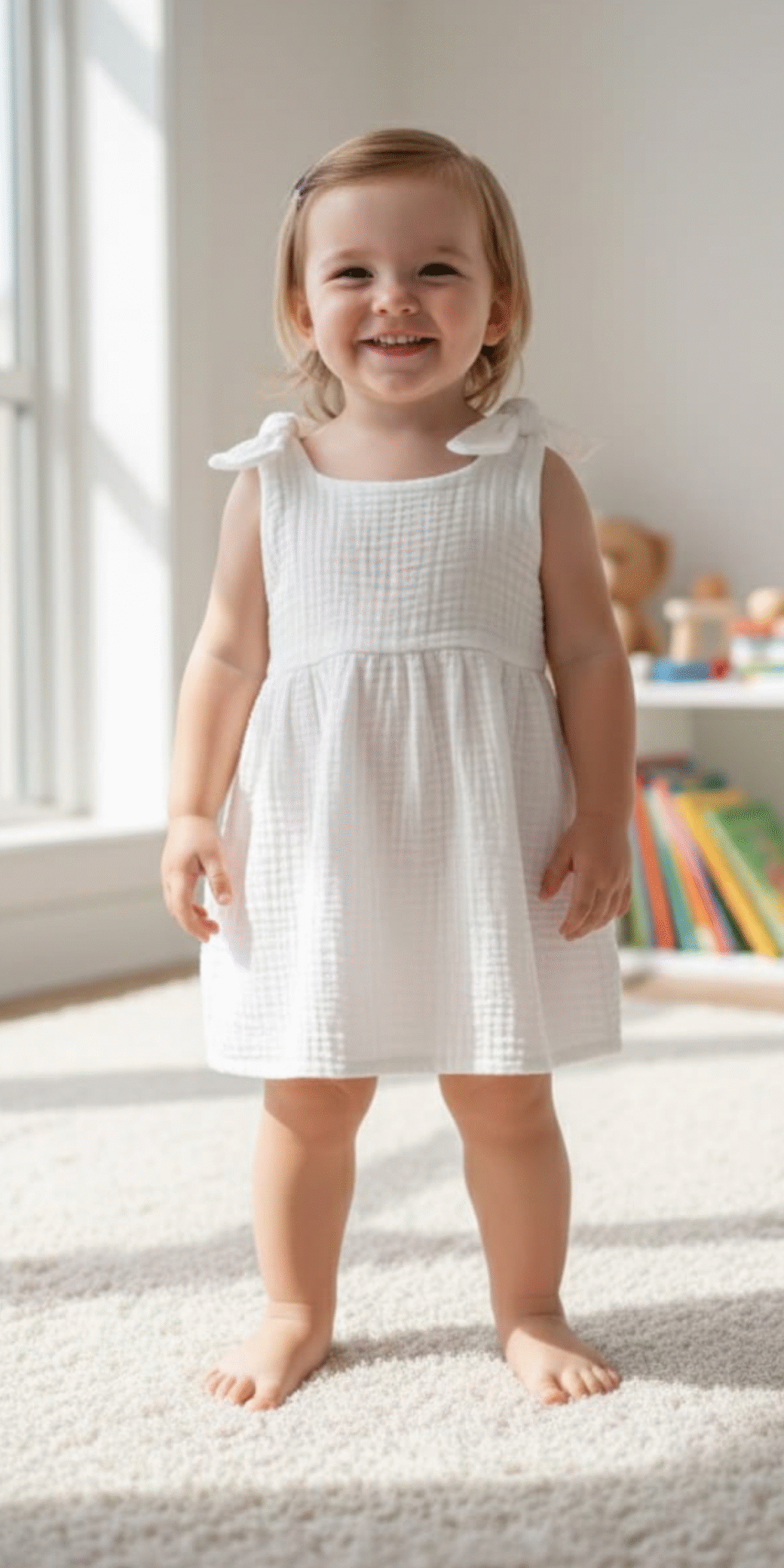 Kız Bebek / Çocuk %100 Pamuklu Sırt Düğme Detaylı Beyaz Müslin Elbise