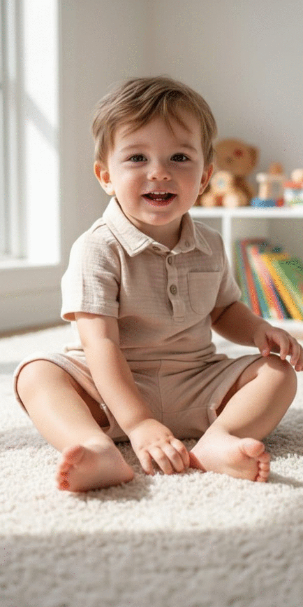 Erkek Bebek / Çocuk %100 Pamuklu Çift Katlı Müslin Kum Beji T-shirt/Şort 2 ‘li Takım