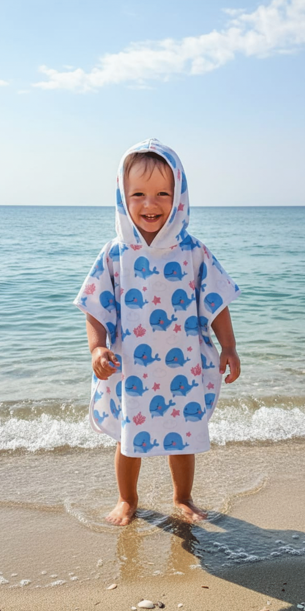 %100 Pamuklu Çift Katlı Organik Bebek Müslin Panço Balina Desenli / Havlu / Bornoz / Deniz