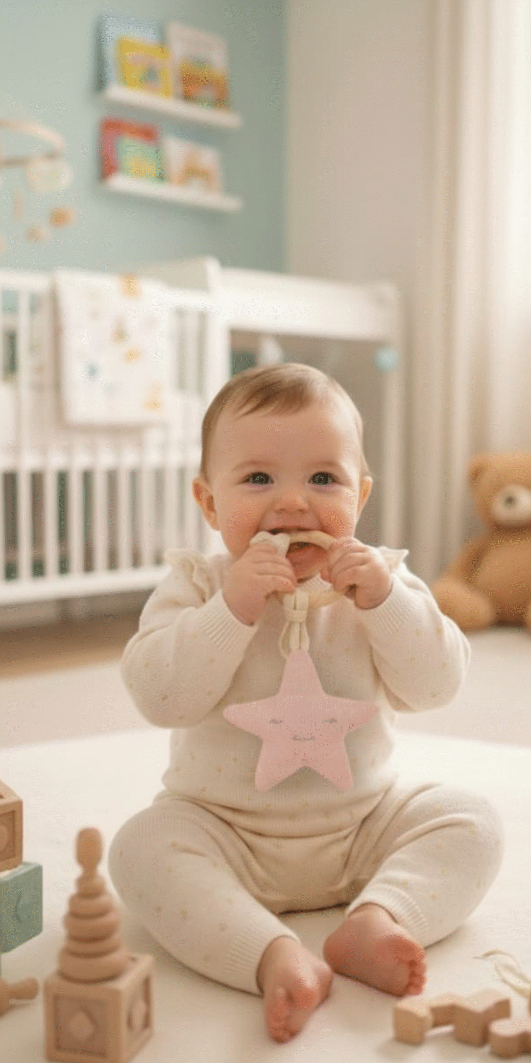 Yıldız %100 Pamuklu Müslin Oyuncaklı Doğal Ahşap Diş Kaşıyıcı / Bebek Odası Dekoru