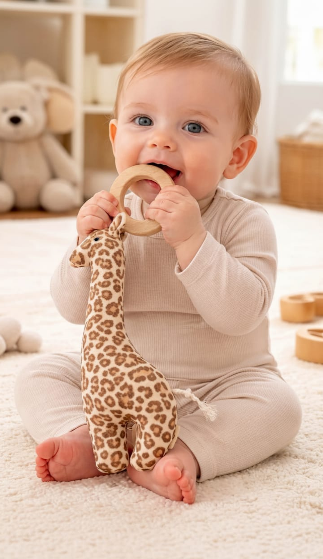 Sevimli Zürafa %100 Pamuklu Müslin Oyuncaklı Doğal Ahşap Diş Kaşıyıcı / Bebek Odası Dekor